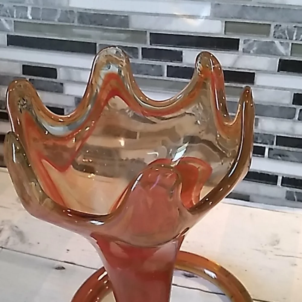 Murano vintage 1950s Italy red swirl bowl vase. Air bubbles.